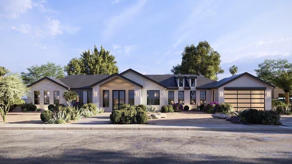 Architectural rendering of the single-story stone and stucco front elevation, 6911 E Thunderbird Rd, Scottsdale