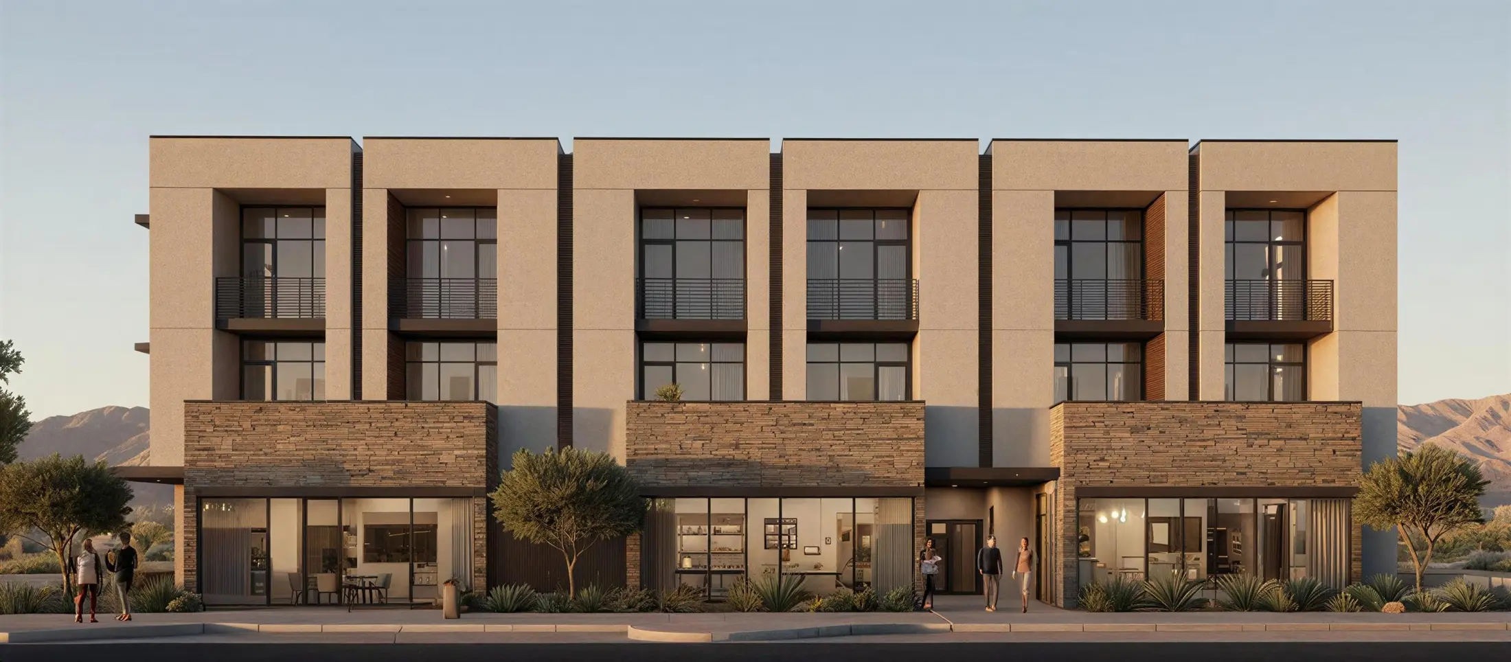 Rendering of The Avenue, a desert-modern residential building in Fountain Hills, Arizona, at dusk