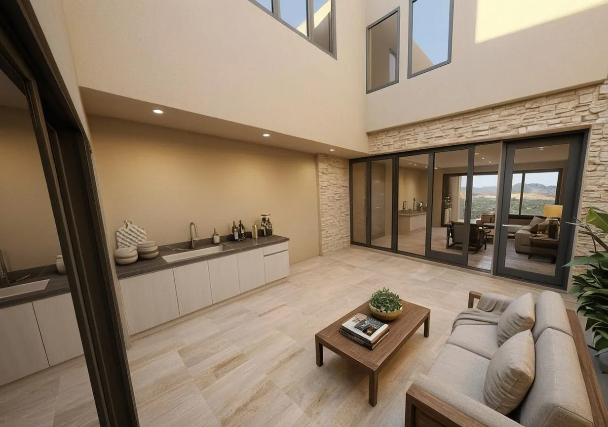 Rendering: Private courtyard with fireplace