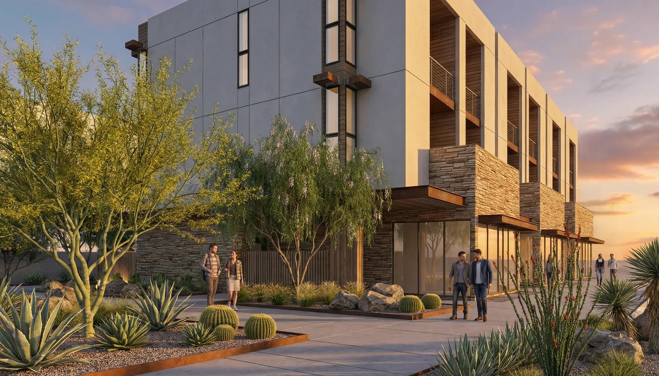 Streetscape with desert landscaping at the commercial frontage