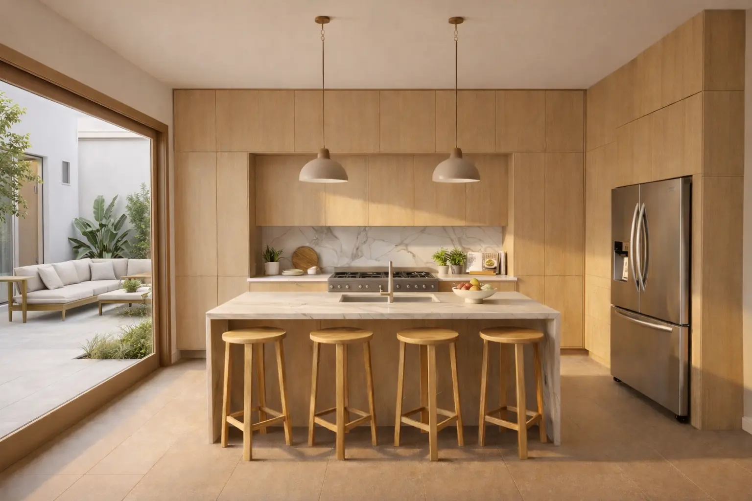 Rendering: Light-palette kitchen with marble island