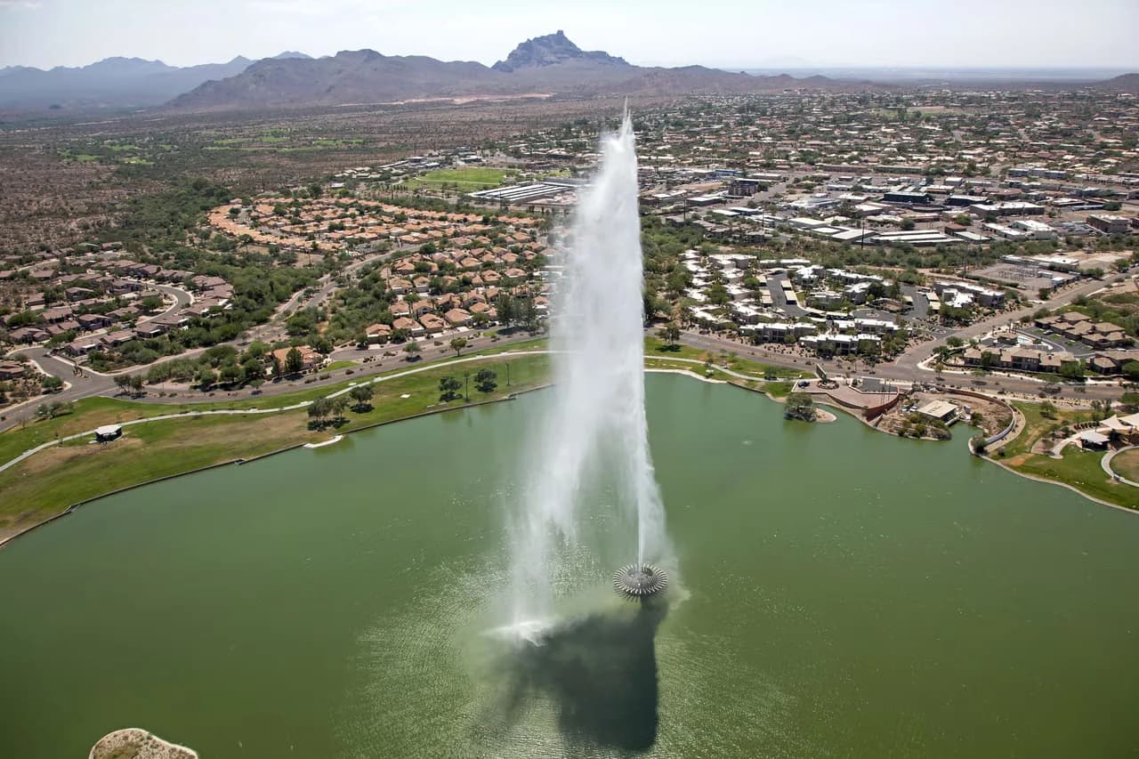 Aerial view of the fountain at Fountain Park, Fountain Hills