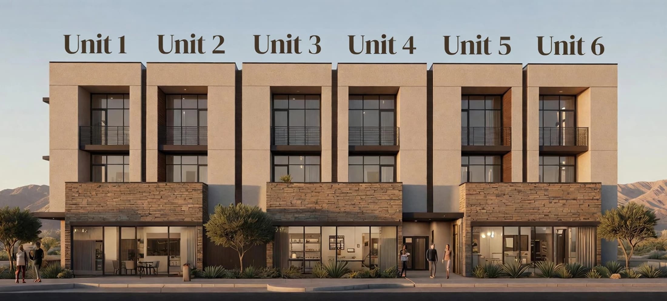 Front elevation with Units 1 through 6 labeled left to right